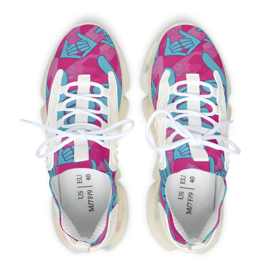 Aloha Shaka - Women’s Mesh Sneakers — Pink & Teal Shaka Pattern Athletic Shoes