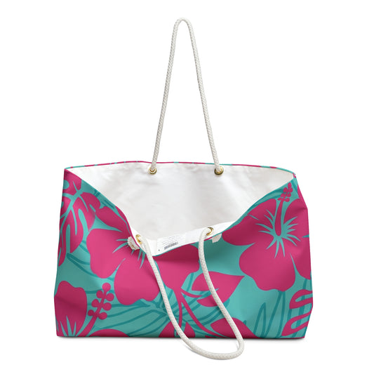 Tropical Pulse - Hibiscus Weekender Bag – Teal & Hot Pink Beach Tote