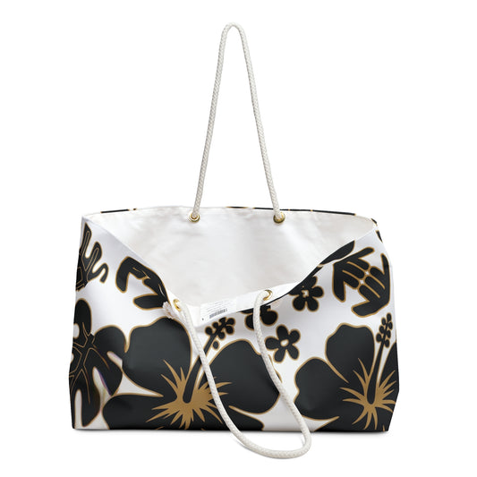 Golden Island Classic - Floral Hibiscus Weekender Bag — Black & Gold Tropical Travel Tote