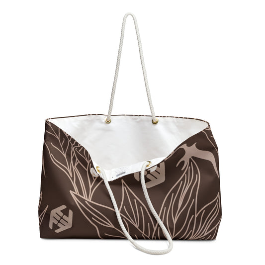 Iwa Canopy - Brown Botanical Weekender Bag — Floral Leaves & Bird Travel Tote