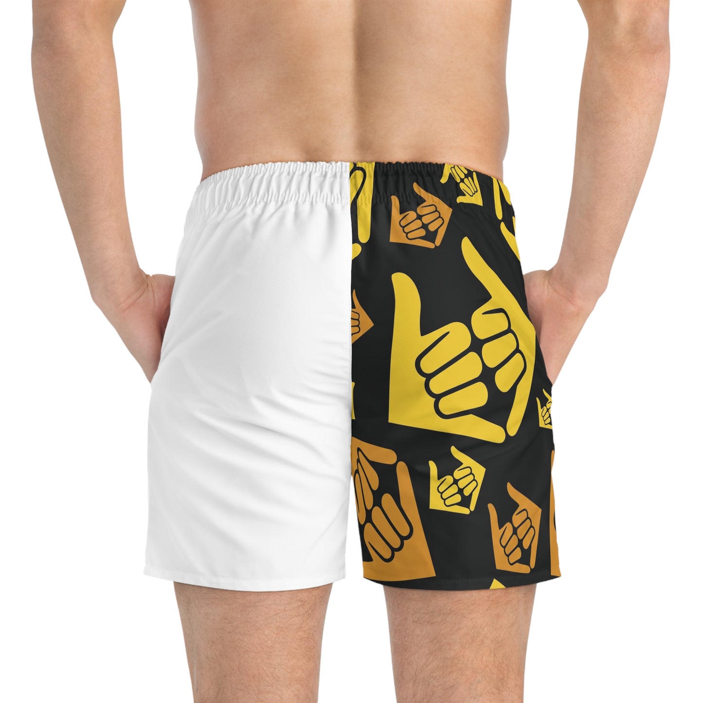 Aloha Shaka - Shaka Pattern Swim Trunks – Yellow & Black AOP Beach Shorts