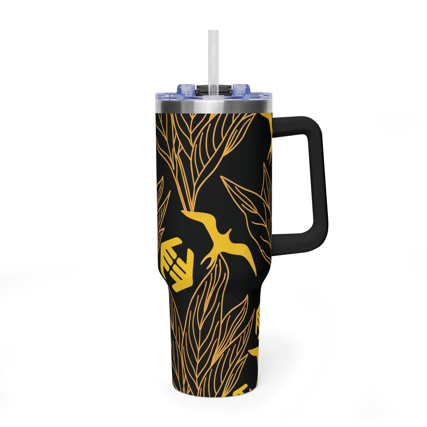Iwa Canopy - Black & Gold Tropical Leaf Design - 40oz Vacuum Tumbler – Insulated Travel Cup