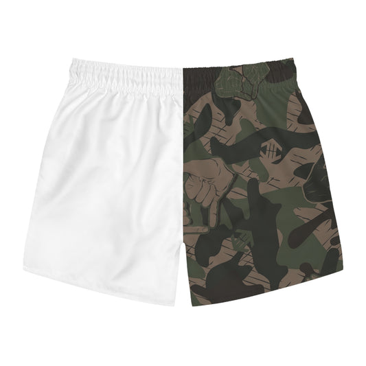 Double Shaka Camo - Split Swim Trunks — Navy Panel & Thumbs-Up Pattern