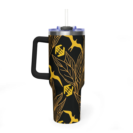 Iwa Canopy - Black & Gold Tropical Leaf Design - 40oz Vacuum Tumbler – Insulated Travel Cup
