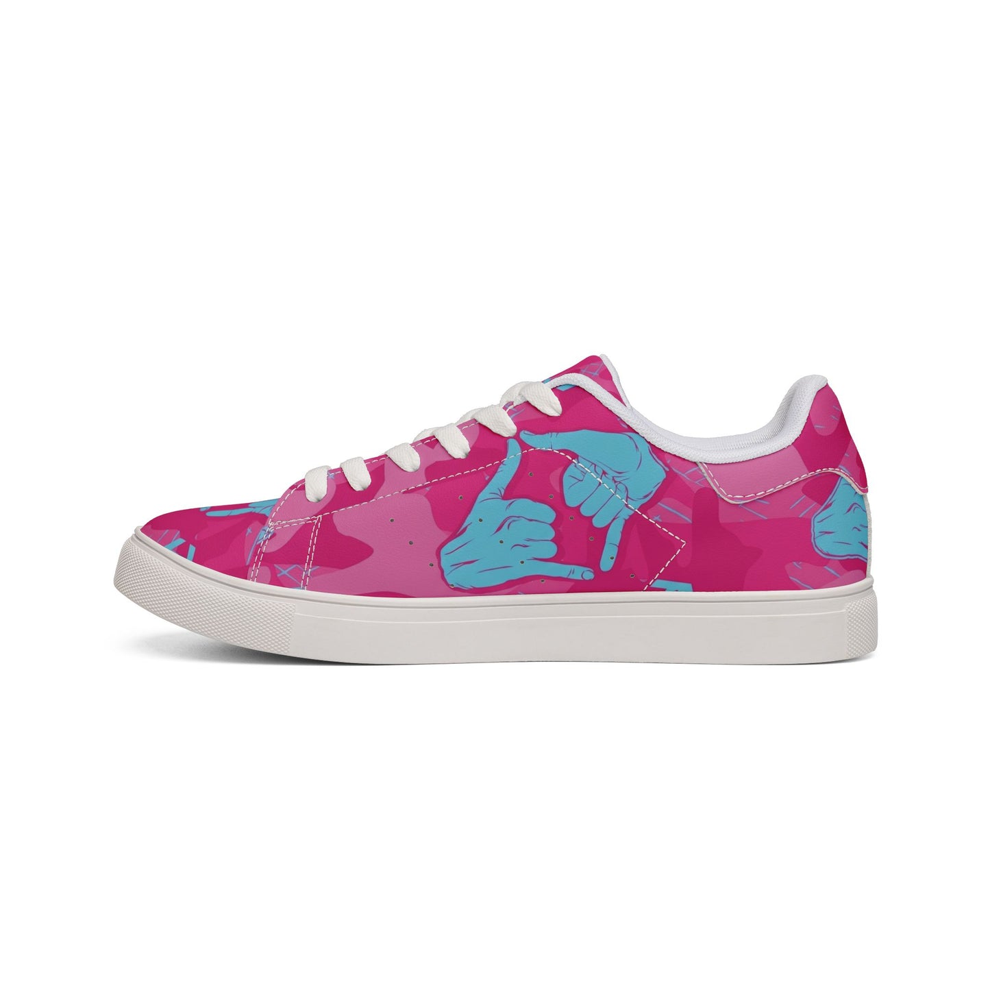 Double Shaka Como - Men's Low-Top Sneakers — Pink Camouflage with Blue Shaka Hand Print