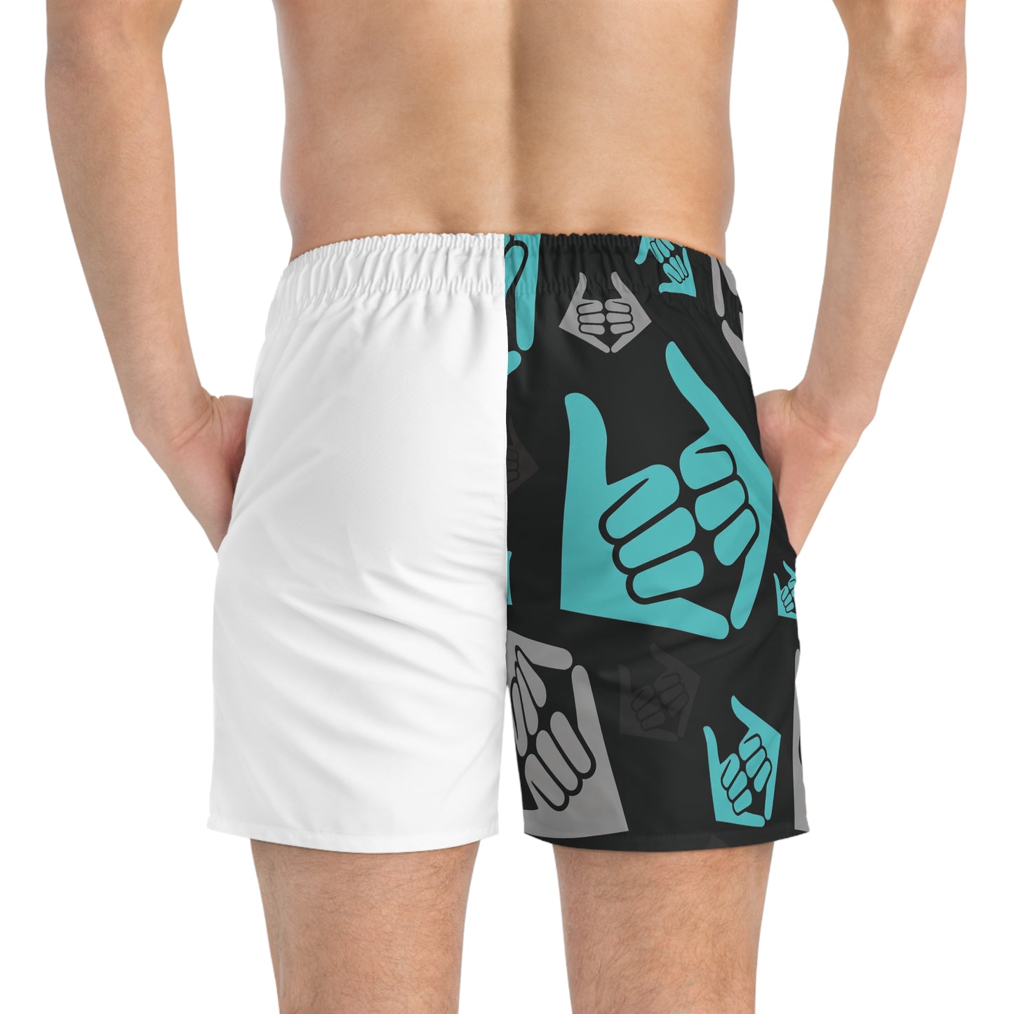 Aloha Shaka - Swim Trunks — Teal & Black Shaka Pattern All-Over Print