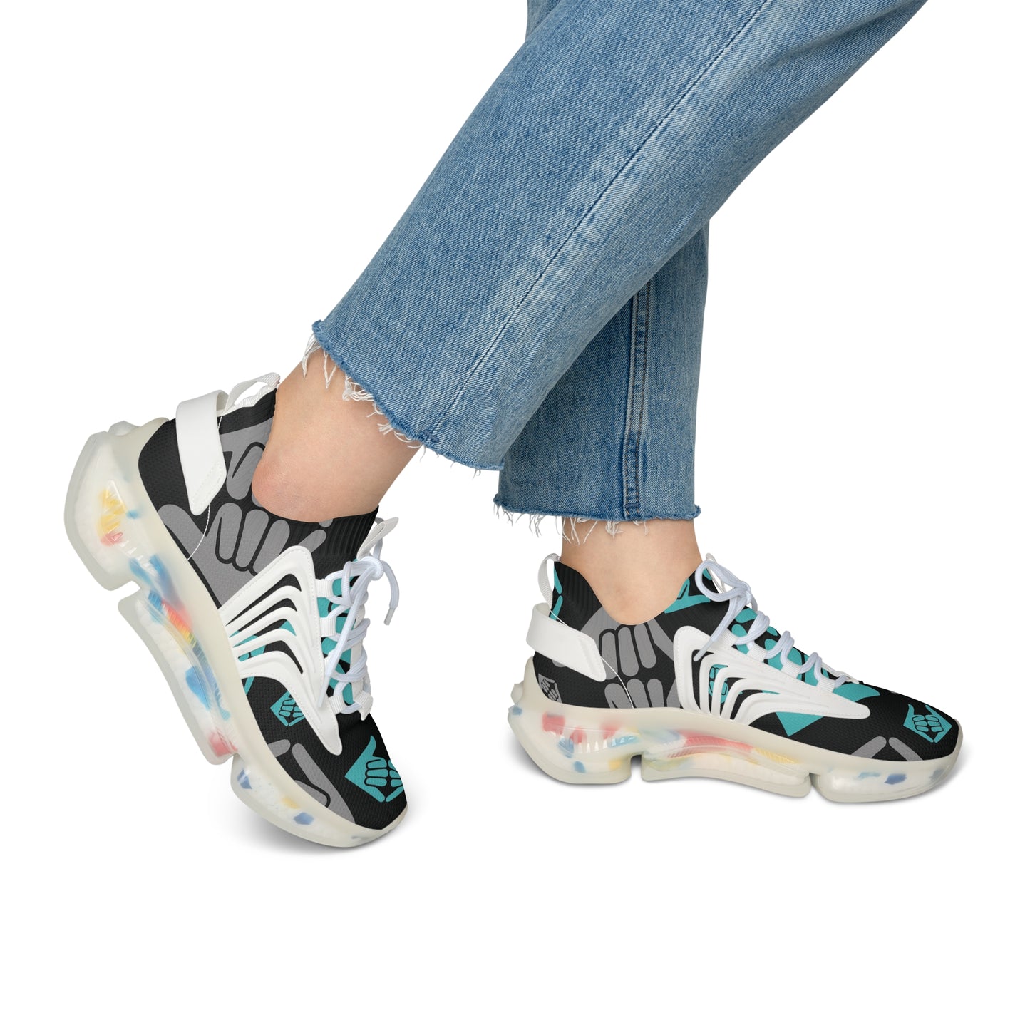 Aloha Shaka - Women’s Mesh Sneakers — Teal & Gray Hand Heart Pattern Athletic Shoes