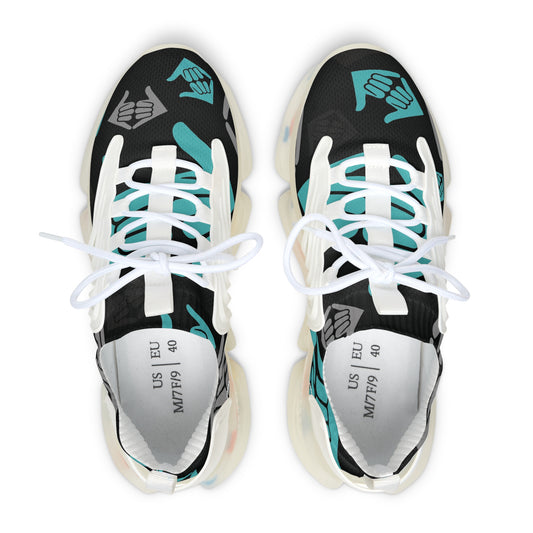 Aloha Shaka - Women’s Mesh Sneakers — Teal & Gray Hand Heart Pattern Athletic Shoes