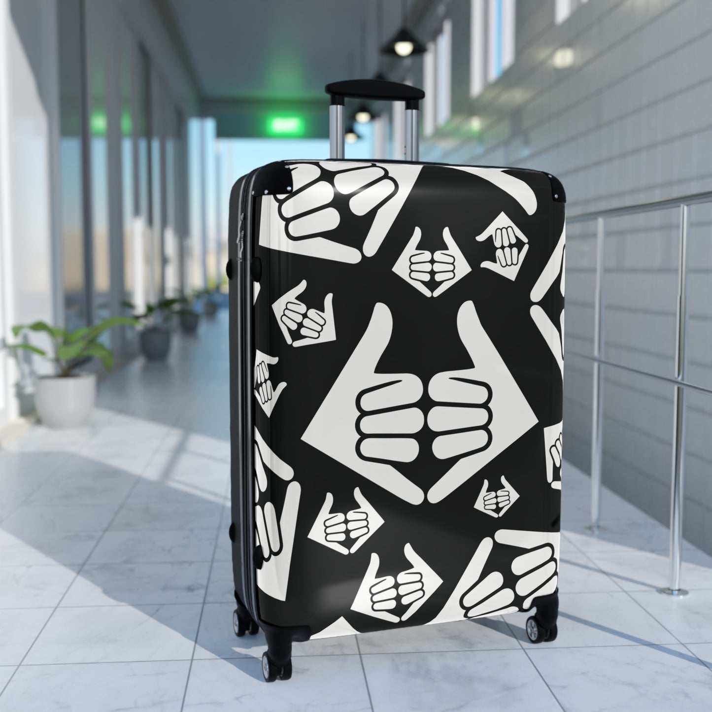 Aloha Shaka - Thumbs Up Suitcase Cover — Black & White Travel Luggage Protector with Repeating Thumbs-Up Pattern