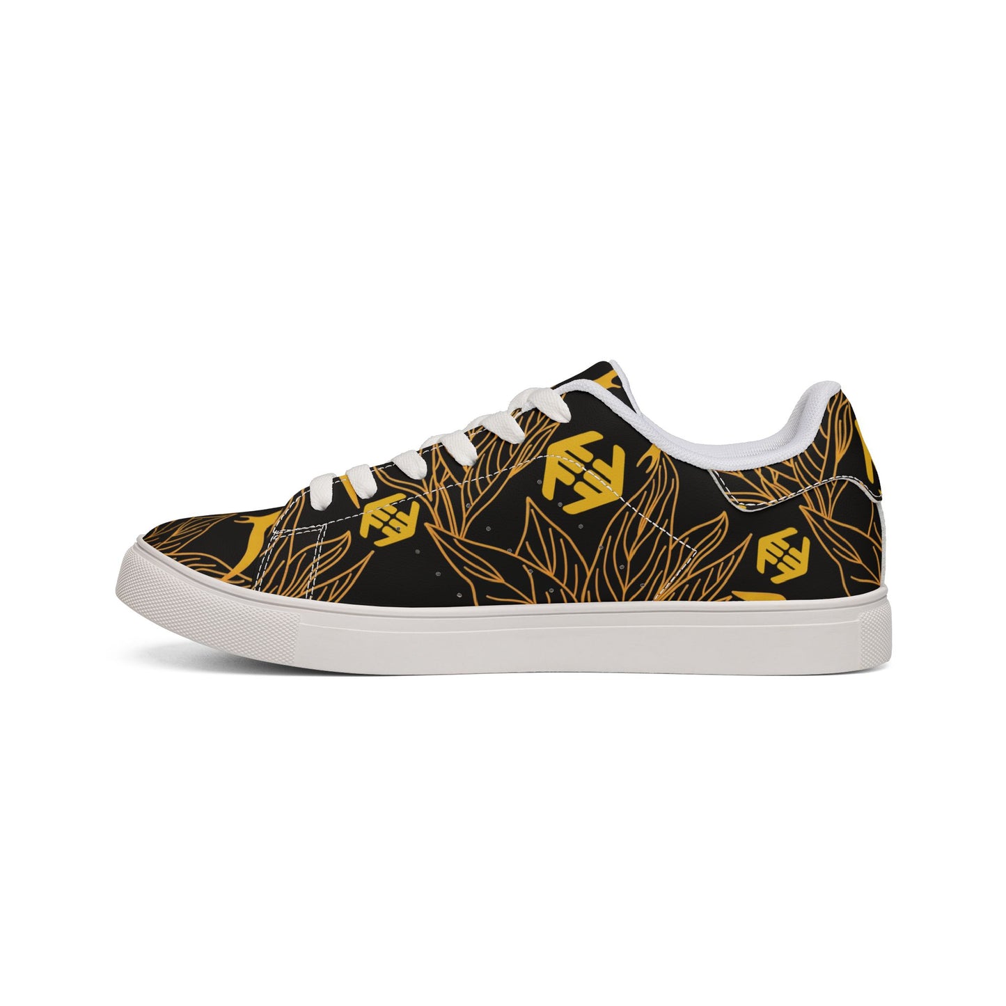 Iwa Canopy - Men's Leather Low-Top Sneakers — Black & Gold Floral Pattern