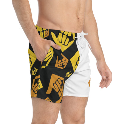 Aloha Shaka - Shaka Pattern Swim Trunks – Yellow & Black AOP Beach Shorts