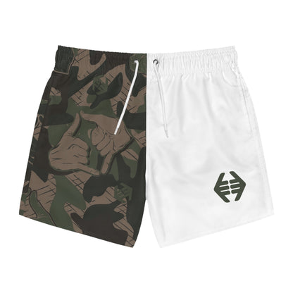 Double Shaka Camo - Split Swim Trunks — Navy Panel & Thumbs-Up Pattern