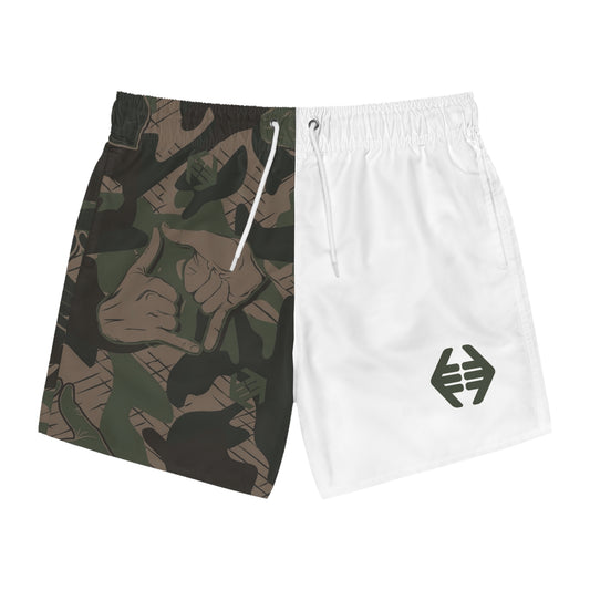 Double Shaka Camo - Split Swim Trunks — Navy Panel & Thumbs-Up Pattern
