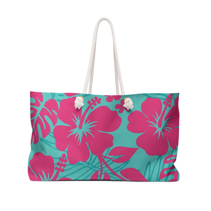 Tropical Pulse - Hibiscus Weekender Bag – Teal & Hot Pink Beach Tote