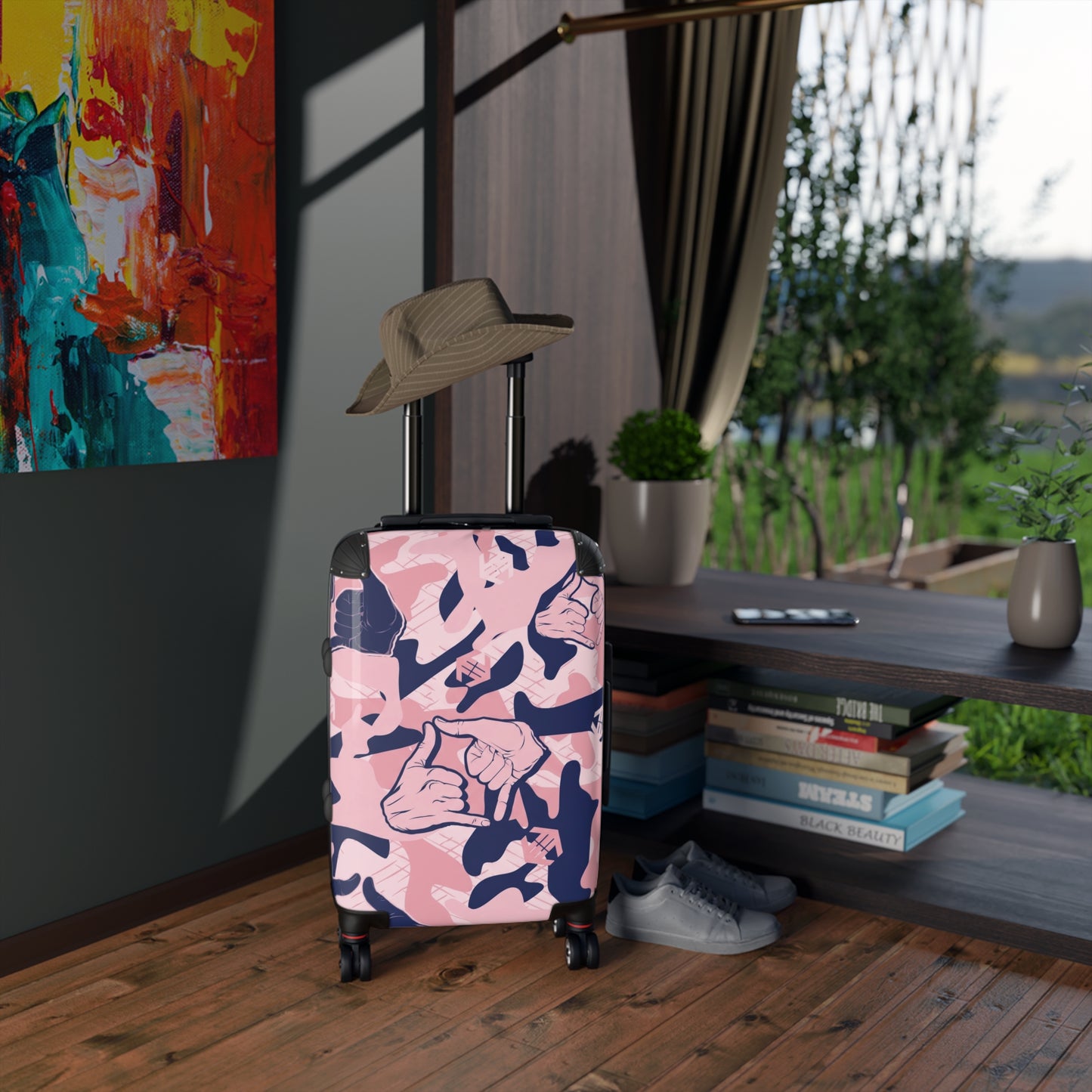 Double Shaka Pattern Suitcase — Cute Travel Carry-On with Hand Gesture Design
