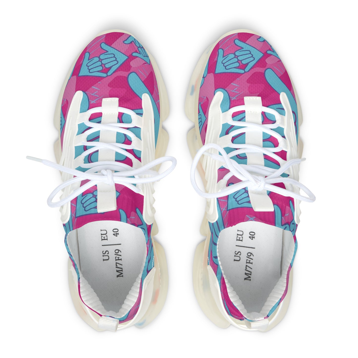 Aloha Shaka - Women’s Mesh Sneakers — Pink & Teal Shaka Pattern Athletic Shoes
