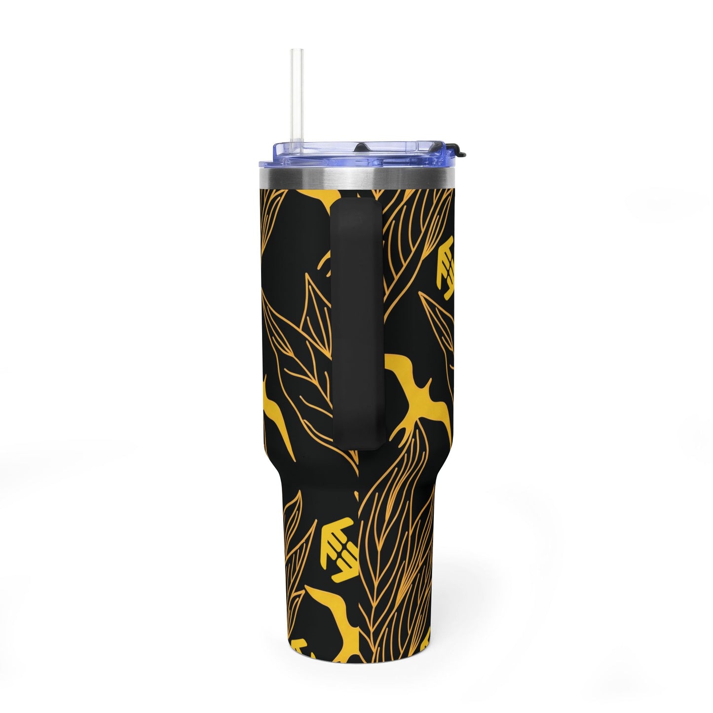 Iwa Canopy - Black & Gold Tropical Leaf Design - 40oz Vacuum Tumbler – Insulated Travel Cup