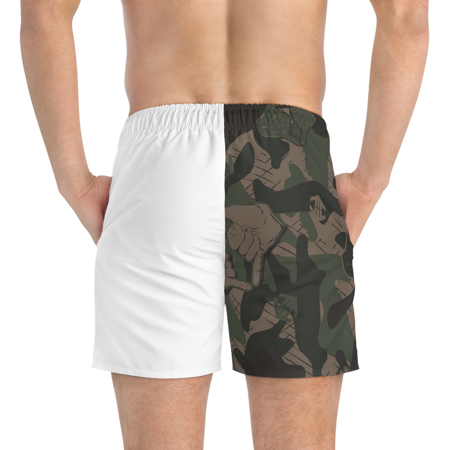 Double Shaka Camo - Split Swim Trunks — Navy Panel & Thumbs-Up Pattern