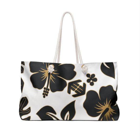 Golden Island Classic - Floral Hibiscus Weekender Bag — Black & Gold Tropical Travel Tote