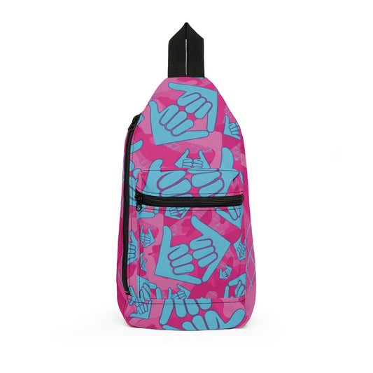 Aloha Shaka Como - Sling Bag — Pink & Teal Hand-Sign Pattern Crossbody Backpack