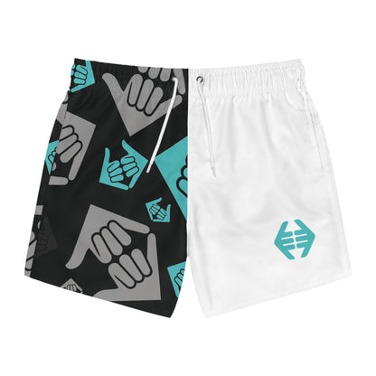 Aloha Shaka - Swim Trunks — Teal & Black Shaka Pattern All-Over Print