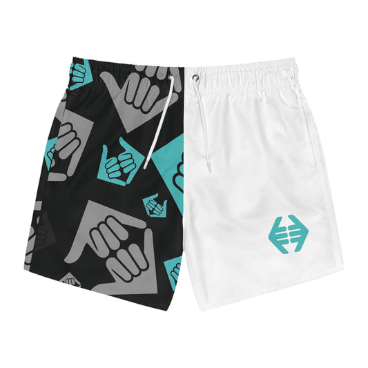 Aloha Shaka - Swim Trunks — Teal & Black Shaka Pattern All-Over Print