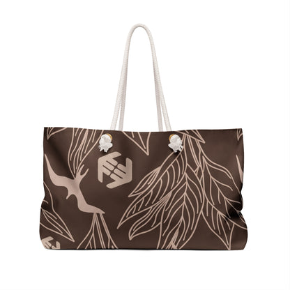 Iwa Canopy - Brown Botanical Weekender Bag — Floral Leaves & Bird Travel Tote