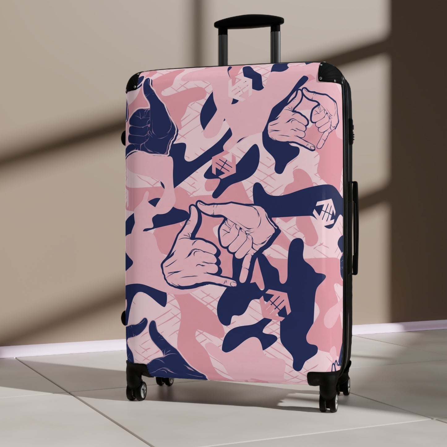 Double Shaka Pattern Suitcase — Cute Travel Carry-On with Hand Gesture Design