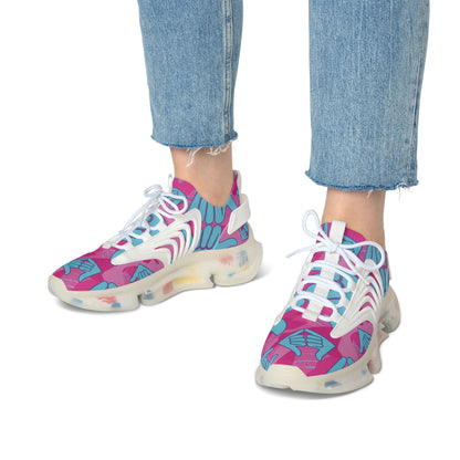 Aloha Shaka - Women’s Mesh Sneakers — Pink & Teal Shaka Pattern Athletic Shoes