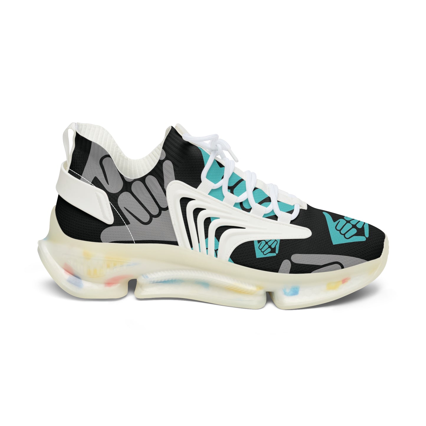 Aloha Shaka - Women’s Mesh Sneakers — Teal & Gray Hand Heart Pattern Athletic Shoes