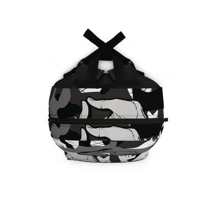 Double Shaka - Monochrome Hand Sign Pattern Backpack — Black & Gray Streetwear School Bag