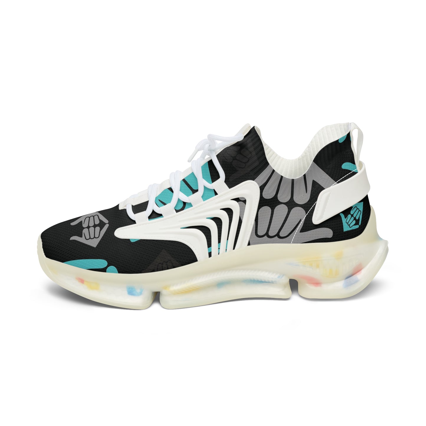 Aloha Shaka - Women’s Mesh Sneakers — Teal & Gray Hand Heart Pattern Athletic Shoes