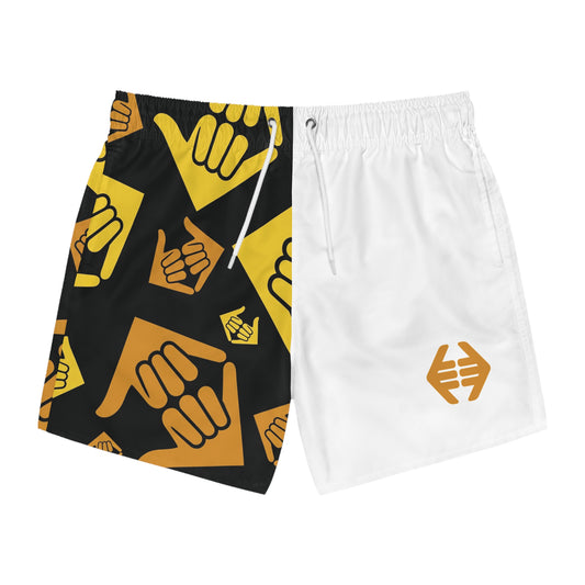 Aloha Shaka - Shaka Pattern Swim Trunks – Yellow & Black AOP Beach Shorts