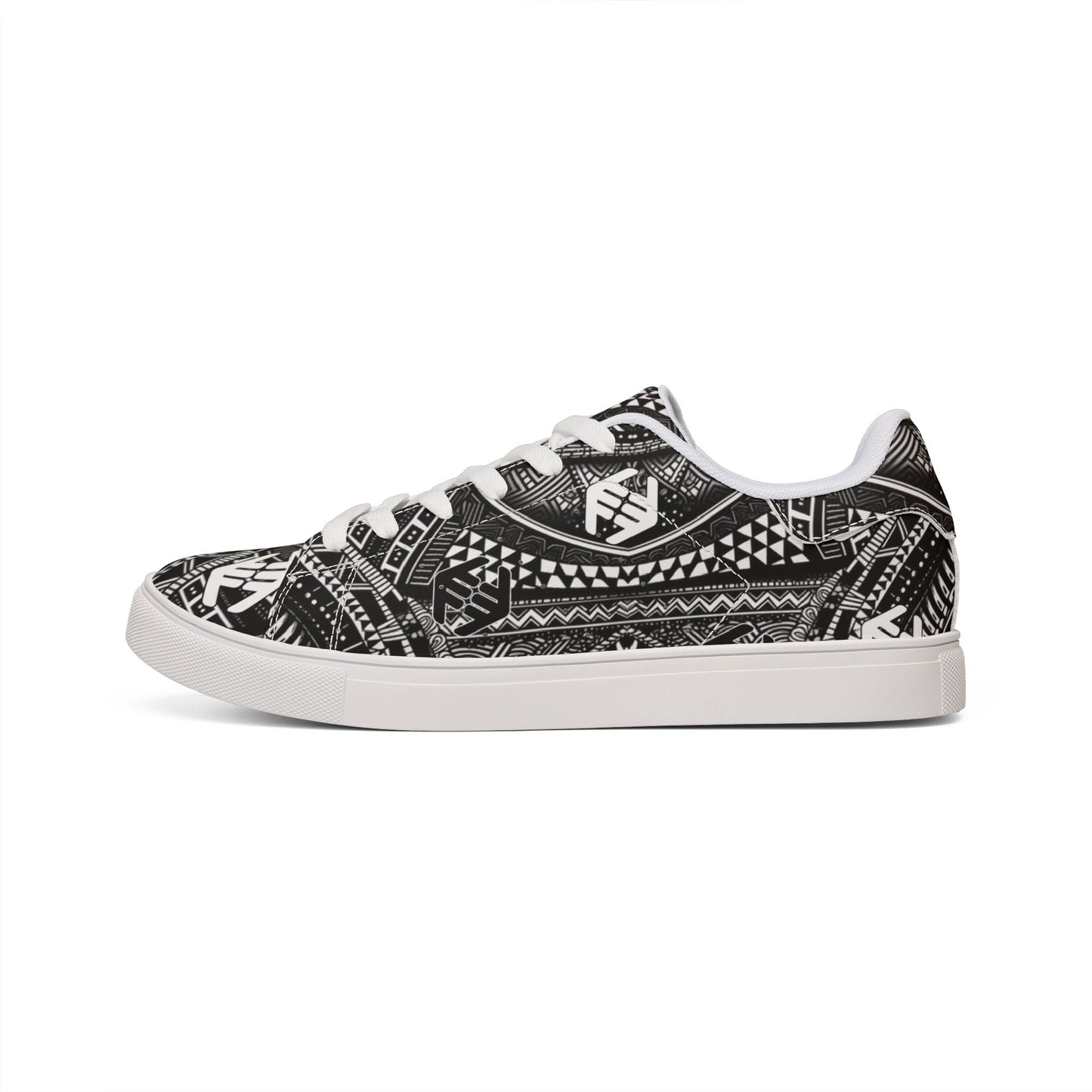 Tribal Shaka - Men's Low-Top Sneakers — Black Tribal Geometric Leather Shoes