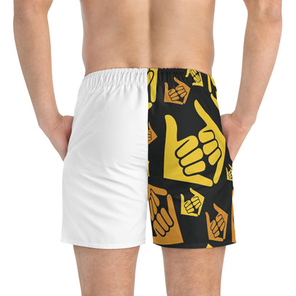 Aloha Shaka - Shaka Pattern Swim Trunks – Yellow & Black AOP Beach Shorts