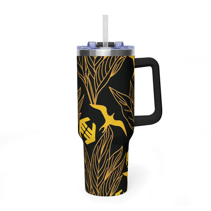Iwa Canopy - Black & Gold Tropical Leaf Design - 40oz Vacuum Tumbler – Insulated Travel Cup