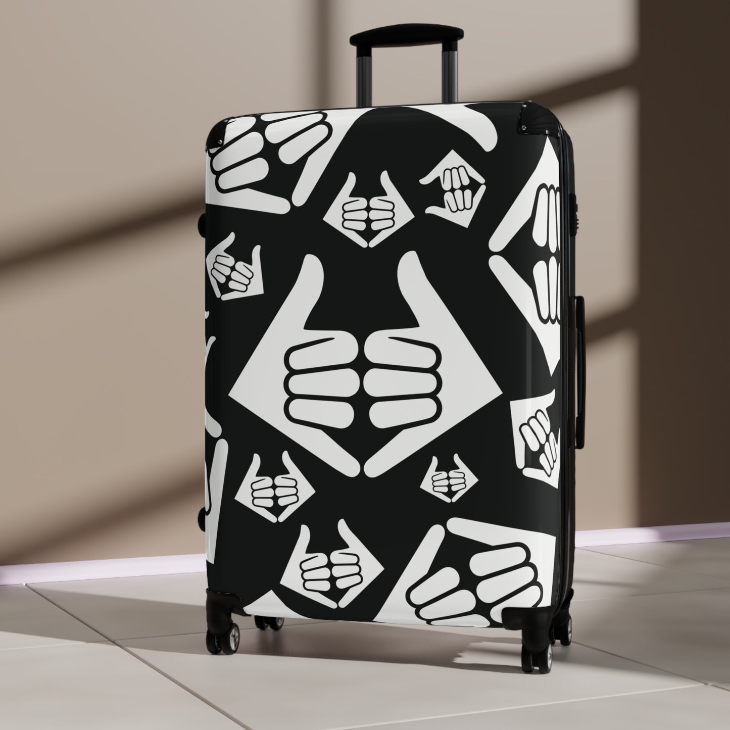 Aloha Shaka - Thumbs Up Suitcase Cover — Black & White Travel Luggage Protector with Repeating Thumbs-Up Pattern