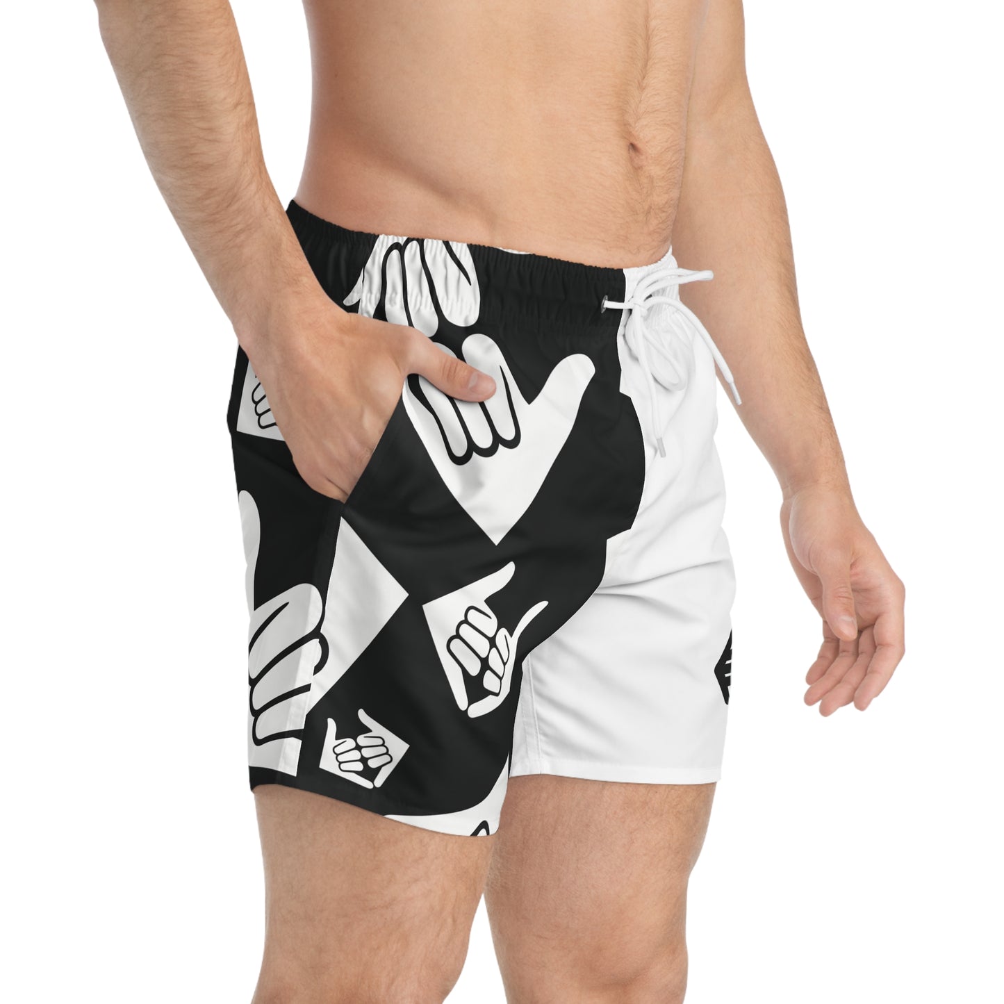 Aloha Shaka - Black & White Shaka Swim Trunks — Split Graphic AOP Beach Shorts