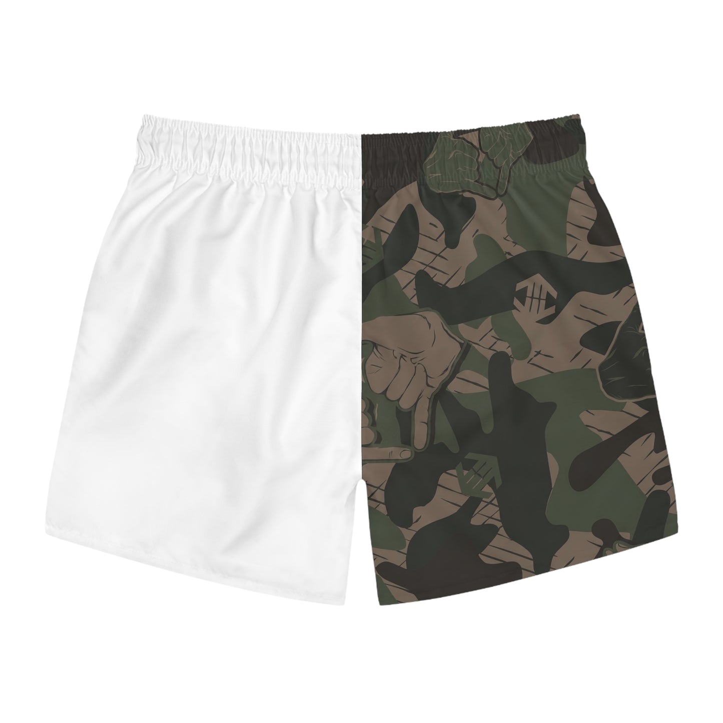 Double Shaka Camo - Split Swim Trunks — Navy Panel & Thumbs-Up Pattern
