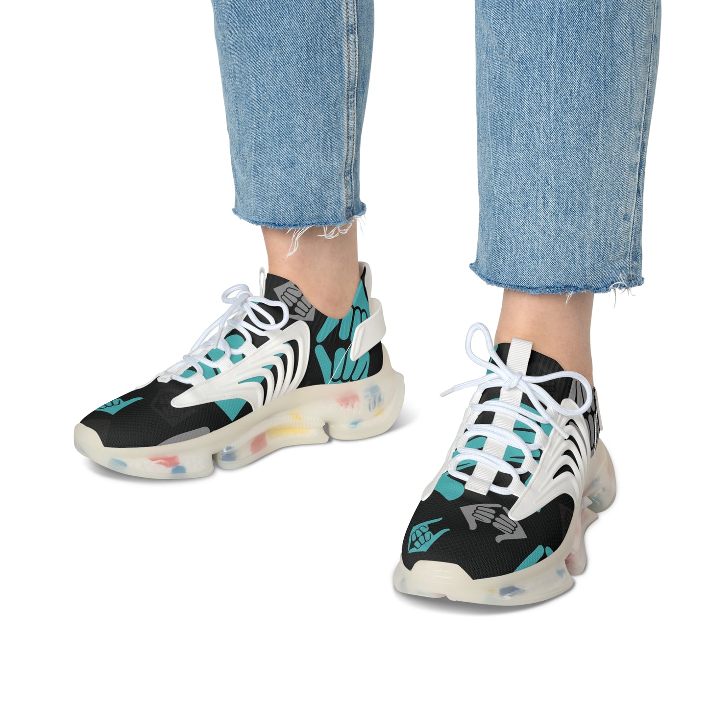 Aloha Shaka - Women’s Mesh Sneakers — Teal & Gray Hand Heart Pattern Athletic Shoes