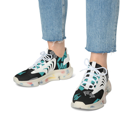 Aloha Shaka - Women’s Mesh Sneakers — Teal & Gray Hand Heart Pattern Athletic Shoes