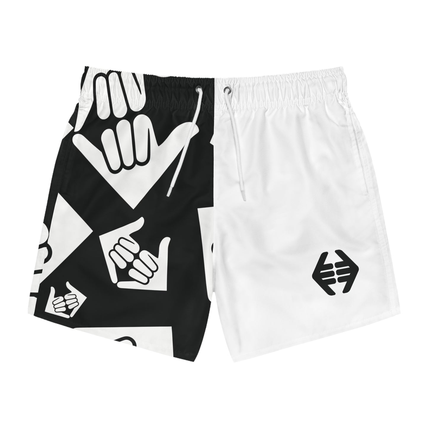 Aloha Shaka - Black & White Shaka Swim Trunks — Split Graphic AOP Beach Shorts