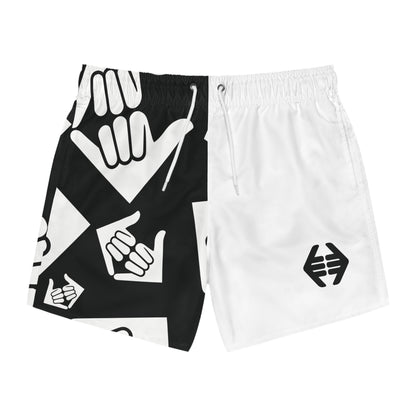 Aloha Shaka - Black & White Shaka Swim Trunks — Split Graphic AOP Beach Shorts