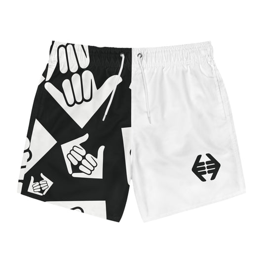 Aloha Shaka - Black & White Shaka Swim Trunks — Split Graphic AOP Beach Shorts