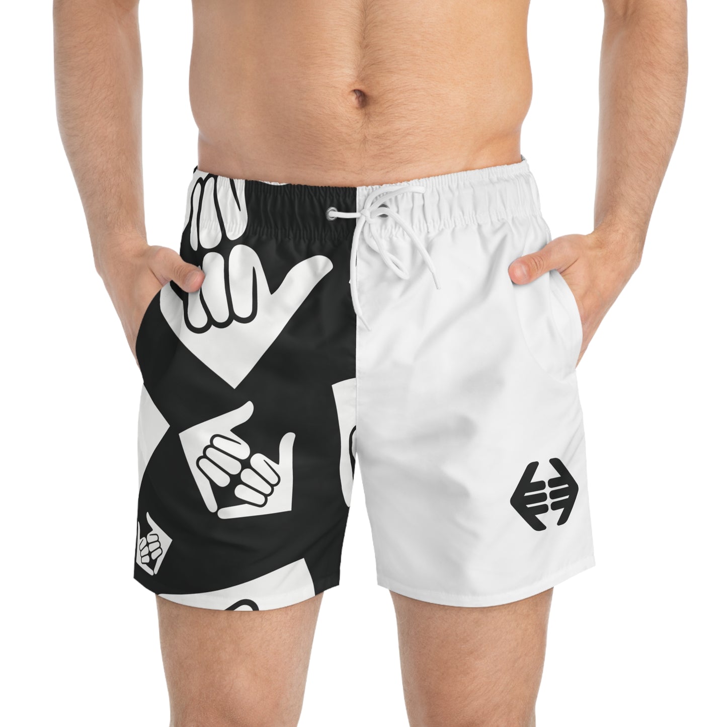 Aloha Shaka - Black & White Shaka Swim Trunks — Split Graphic AOP Beach Shorts