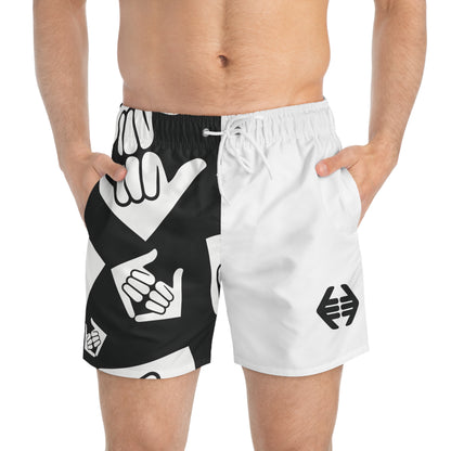 Aloha Shaka - Black & White Shaka Swim Trunks — Split Graphic AOP Beach Shorts