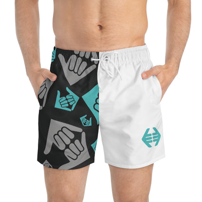 Aloha Shaka - Swim Trunks — Teal & Black Shaka Pattern All-Over Print