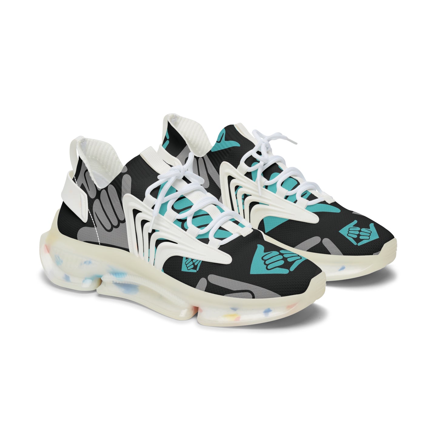Aloha Shaka - Women’s Mesh Sneakers — Teal & Gray Hand Heart Pattern Athletic Shoes