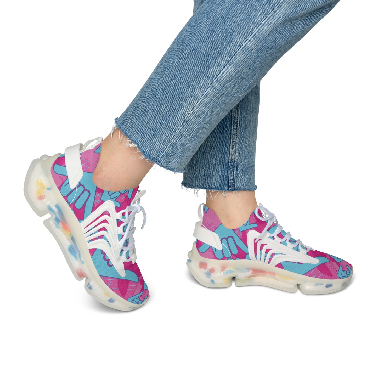 Aloha Shaka - Women’s Mesh Sneakers — Pink & Teal Shaka Pattern Athletic Shoes