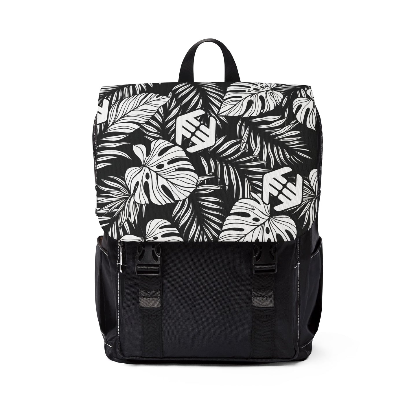 Midnight Monstera - Tropical Leaf Backpack — Black & White Monstera Shoulder Backpack